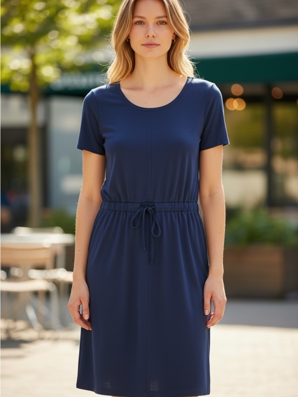 The White Company London Navy knit Midi Dress Short Sleeve Drawstring  Sz US 10